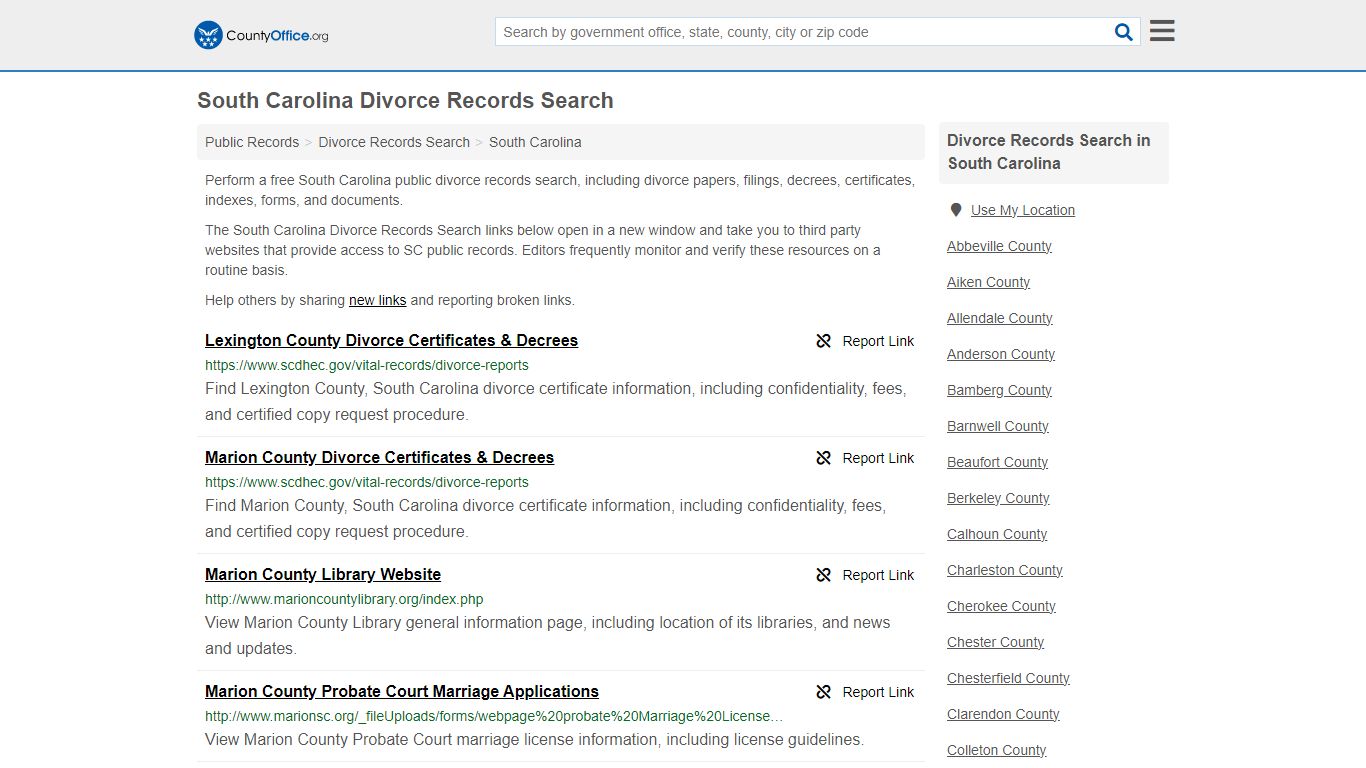 South Carolina Divorce Records Search - County Office